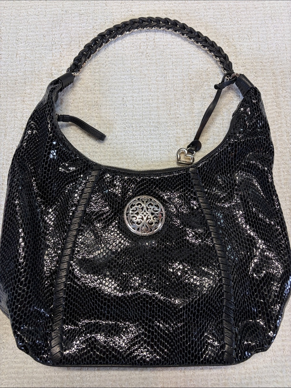 Brighton Black Leather Snakeskin Hobo Shoulder Bag Heart Charm